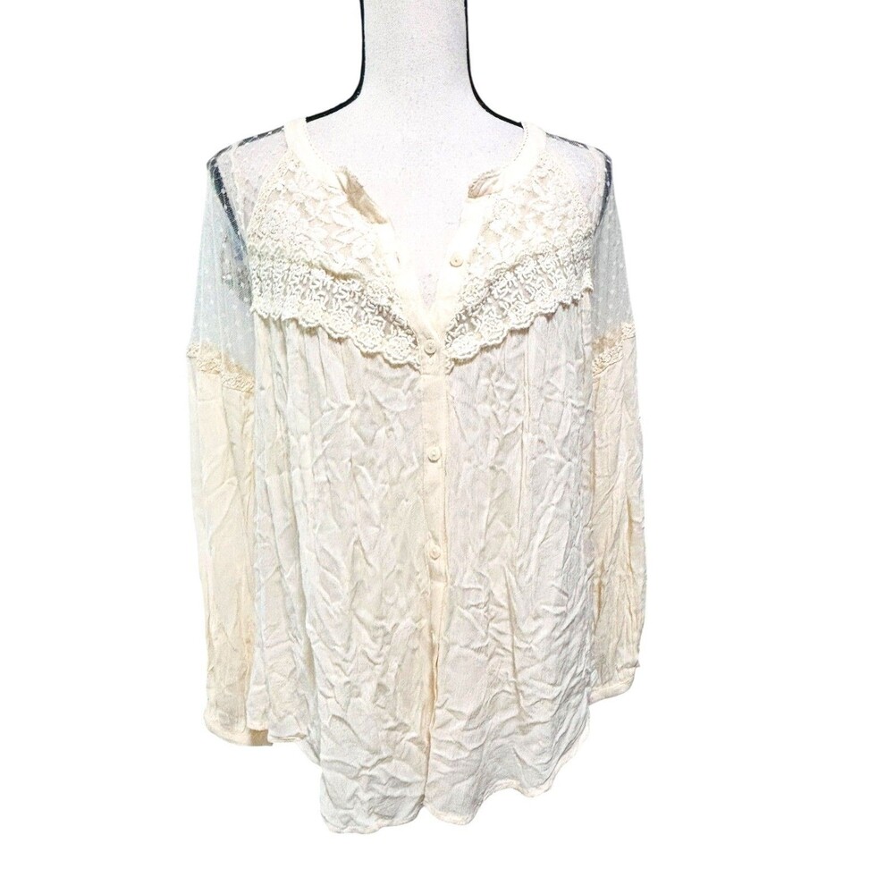 American Eagle Outfitters Sheer Mesh Button Blouse Sz S Creamy Manilla